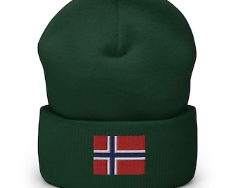 May include: A dark green beanie with a red, white, and blue Norwegian flag embroidered on the front.