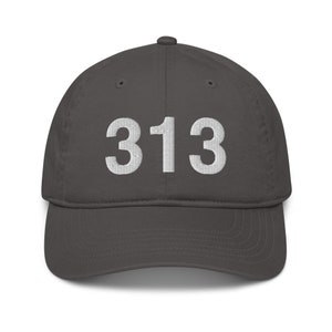 Puede incluir: Una gorra de béisbol gris oscuro con el número 313 bordado en blanco en la parte delantera.