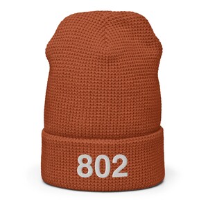 May include: A rust-colored knitted beanie with a white embroidered number "802" on the front.
