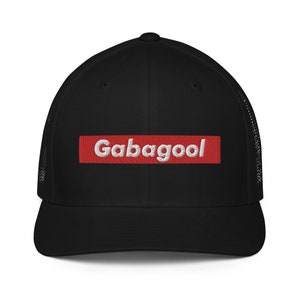 May include: Black trucker hat with a red box and white text that says "Gabagool".