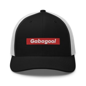 May include: A black and white trucker hat with a red box and white text that says "Gabagool" on the front.