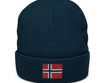 May include: A navy blue knitted beanie with a red, white, and blue Norwegian flag embroidered on the front.
