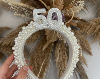 50th birthday headband any age , Pearl headband, birthday headband, birthday accessories, 30th, hair accessories, birthday