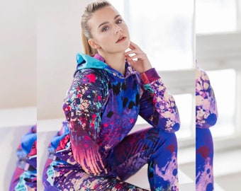 Färgglad splattertryckt huvtröja för kvinnor, tröja med fickor, långärmad athleisure-topp med huva, blått färgtryck, plusstorlek XXS-5XL