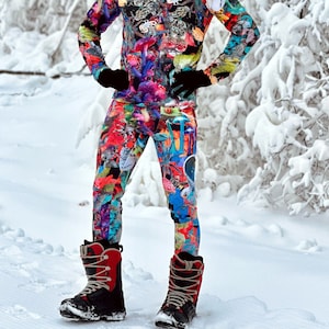 Herren Leggings mit abstraktem Druck, Wärmeschutzunterwäsche, Wintersportbekleidung, Leggings mit Fleece, warmes Hemd, Thermokleidung