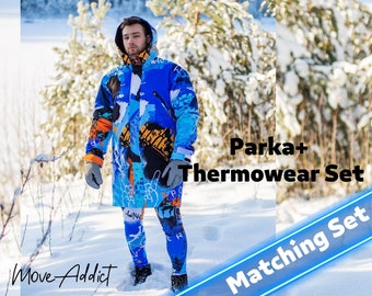 Blauwe winterparka voor heren: waterdichte jas met capuchon, thermische legging