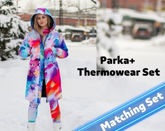 SET: Bright Winter Parka, Jacket, Pink Waterproof Coat, Winter Jacket Hooded Parka, Thermal Protective, Winter underwear, Sport Leggings