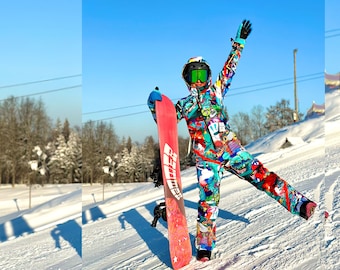 Winterski-onesie met gekke print: waterdichte snowboardjumpsuit met graffitiprint
