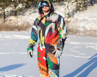 Men's Ski Jumpsuit Set Orange, Waterproof Snowboard Suit One Piece with Fleece Thermal Underwear, Winter Ski Outfit, Handmade XS-4XL