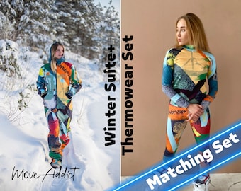 SET: Orange Winter Ski Jumpsuit, Snowboard Clothes, Snowboard suit, Skiing Overall, Women Mountain&#39;s clothes, Winter Thermal underwear