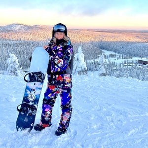 Colorful Love&Peace Print Winter Ski Onesie, Jumpsuit, Snowboard Clothes, Snowboard suit, Skiing Overall, Ski Suit Women