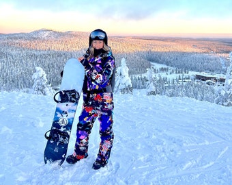 Kleurrijke ski-snowboardjumpsuit met Love&Peace-print: winteronesie voor dames