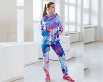 Färgglada sportjoggingbyxor för kvinnor, bekväma athleisure-mjukisbyxor med fickor, abstrakta tryckbyxor ankellånga, blå plusstorlek XXS-5XL