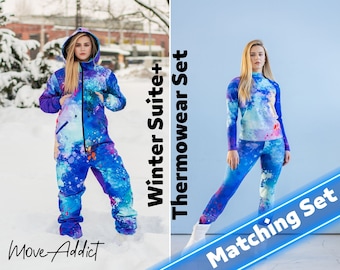 SET: Blue Winter Ski Jumpsuit, Snowboard Clothes, Snowboard suit, Skiing Overall, Women Mountain&#39;s clothes, Winter Thermal underwear