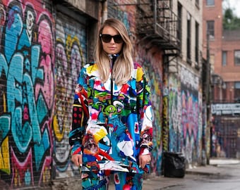 Felpa con cappuccio oversize da donna con graffiti, Monster Party, felpa streetwear colorata, felpa da snowboard, felpa da skater, abbigliamento sportivo urbano