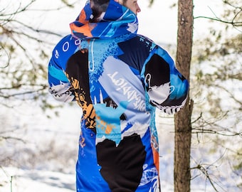 Men's Ski Jumpsuit Set Blue, Waterproof Snowboard Suit One Piece with Fleece Thermal Underwear, Winter Ski Outfit, Handmade XS-4XL