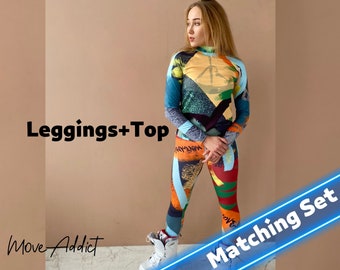 Könnte beinhalten: Ein passendes Set aus Leggings und einem Langarmshirt mit einem farbenfrohen abstrakten Druck. Leggings und Oberteil bestehen aus einem dehnbaren, bequemen Stoff. Der Druck zeigt geometrische Formen, Linien und abstrakte Designs in Blautönen, Orange, Gelb, Grün und Rot. Der Text "Move Addict" ist in der linken unteren Ecke des Bildes sichtbar. Der Text "Matching Set" ist in der rechten unteren Ecke des Bildes sichtbar.