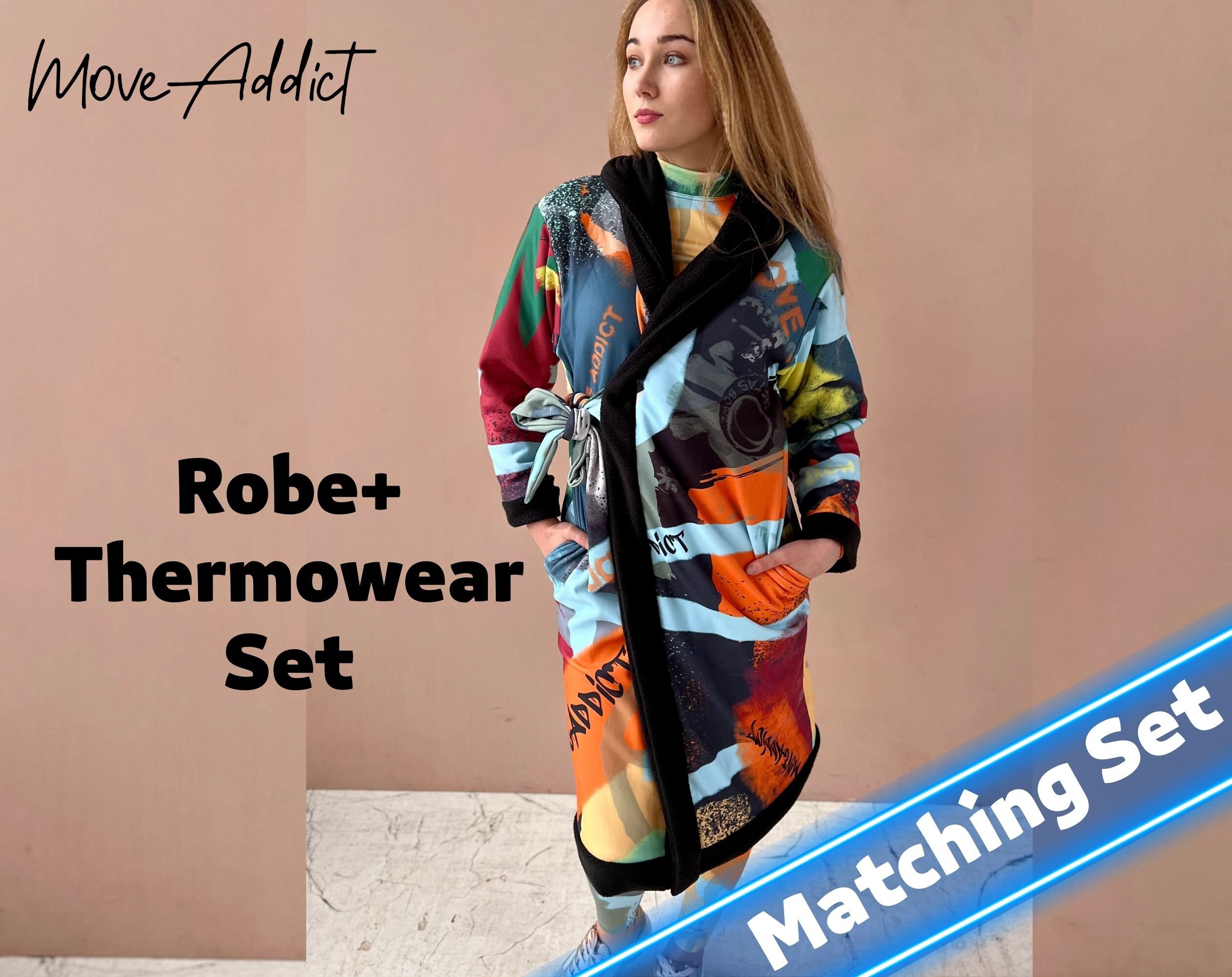 SET: Warm Robe+ Thermowear Top, Winter Robe, Fleece Robe, Sport Robe, Leggings, Thermal Protective, Winter underwear, Orange Leggings