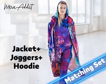 Abstract Purple Sportswear Set: Women's Hoodie, Joggers & Robe