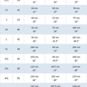 May include: Size chart for clothing with measurements in inches and centimeters. The chart includes sizes from 2XS to 5XL, with corresponding bust, waist, and hip measurements.