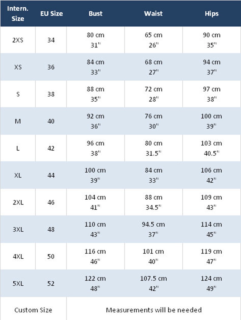 May include: Size chart for clothing with measurements in inches and centimeters. The chart includes sizes from 2XS to 5XL, with corresponding bust, waist, and hip measurements.