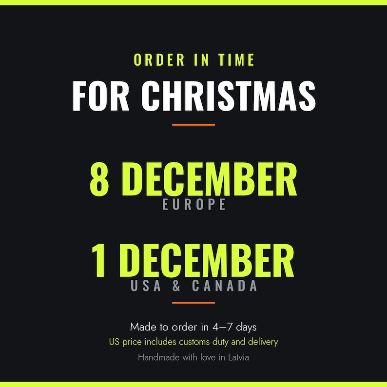 Order in time for Christmas: 8 December for Europe, 1 December for USA and Canada. Made to order in 4-7 days. US price includes customs duty and delivery. Handmade with love in Latvia.