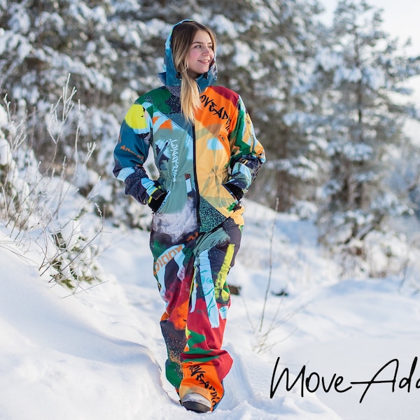 Oranje winterski-jumpsuit, snowboardkleding, snowboardpak, ski-overall, skipak dames, jumpsuit winter, kleurrijk sneeuwpak