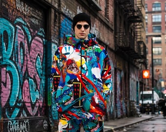 Herren Oversized Graffiti Hoodie Monster Party, Bunter Streetwear Hoodie, Snowboard Hoodie, Urban Print Sweatshirt für Männer