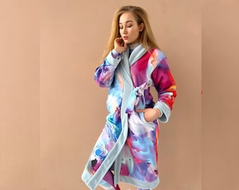 Färgglad fleecemorgonrock för kvinnor, rosa tryck, varm vinterbadrock med långa ärmar, sportig loungewear-rock nedanför knät, plusstorlek XXS-5XL