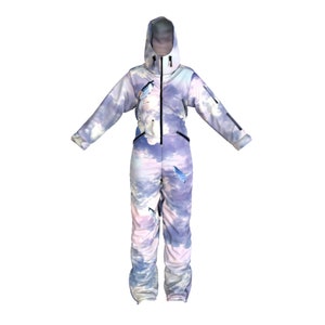 Light Colors With A Bird Print Winter Ski Onesie, Jumpsuit, Snowboard Clothes, Snowboard suit, Skiing Overall, Ski Suit Women