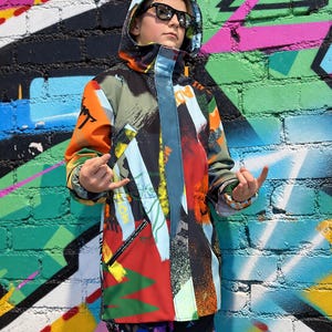 Kids Winter Jacket, Waterproof Softshell Parka for Boys Girls, Colorful Graffiti Print Coat, Warm Quilted Winter Coat for Kids
