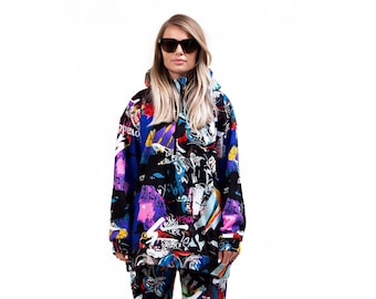Women’s Oversized Graffiti Hoodie Love & Peace Streetwear Hoodie Colorful Urban Sweatshirt Snowboard Hoodie