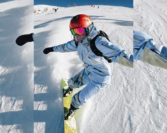 Lichtblauwe snowboard-onesie: skipak dames, winterjumpsuit