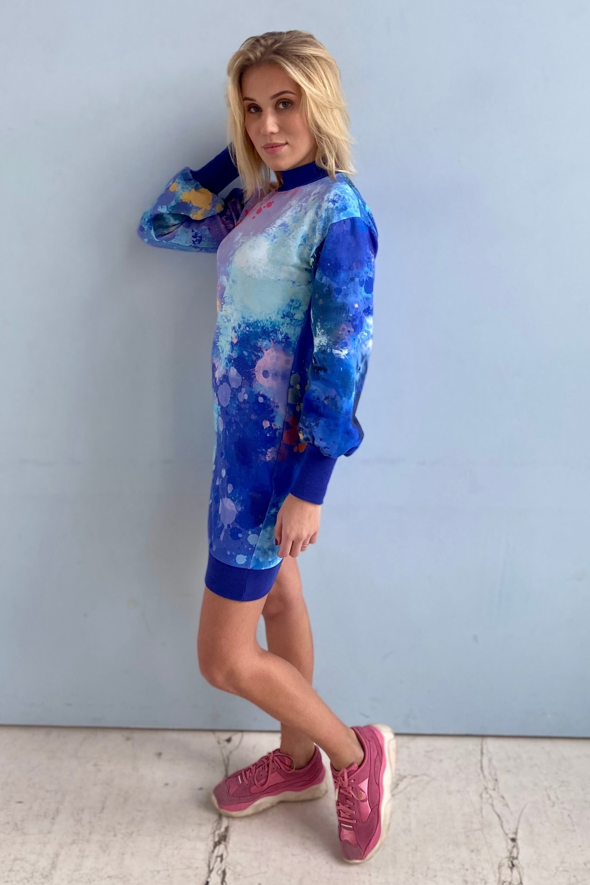 Abstract Print Long Sleeve Dress: Loose Fit Tunic, Plus Size