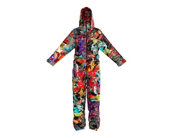 Men's Ski Jumpsuit Colorful Graffiti Print, Waterproof Snowboard Suit One Piece, Insulated Winter Snowsuit with Hood, Ski Onesie XS-4XL