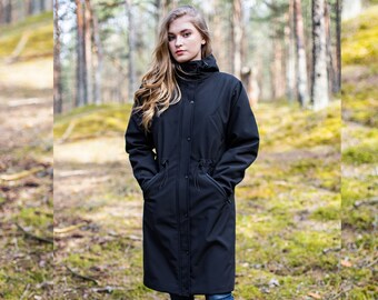 Black parka coat, Spring raincoat for women, Outerwear, Waterproof parka, pockets, hooded parka, Sustainable clothing, Plus size