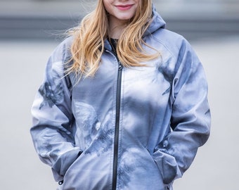 Women's Hooded Softshell Parka: Pigeon Print Windproof Jacket