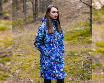 Blauwe regenjas, parka met capuchon, lenteparka, kleurrijke parka, waterdichte parka dames, bloemenparka, bovenkleding, zakken, voering optioneel