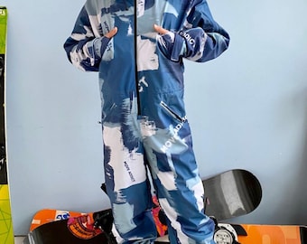 Men's Ski Jumpsuit Set Grey, Waterproof Snowboard Suit One Piece with Fleece Thermal Underwear, Winter Ski Outfit, Handmade XS-4XL