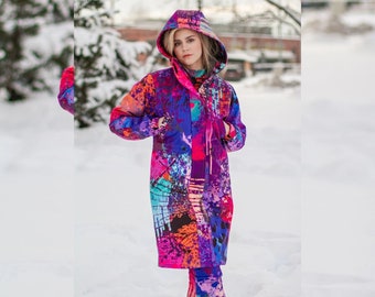 Softshellparka met kleurrijke print: waterdichte regenjas met capuchon