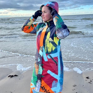 Colorful Print Long Parka Women, Waterproof Hooded Winter Coat with Quilted Lining, Unique Statement Raincoat, Plus Size XXS-5XL