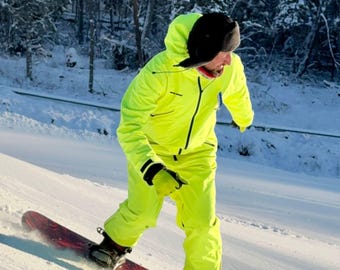 メンズ ネオンイエロー スキー スノーボード ジャンプスーツ：防水