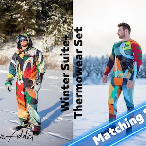Ensemble combinaison de ski colorée pour homme : combinaison de snowboard d&#39;hiver, sous-vêtement thermique