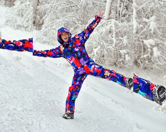 Men's Colorful Purple Print Winter Ski Jumpsuit, Snowboard Clothes