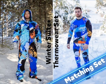 SET: Men&#39;s Blue Winter Ski Jumpsuit, Snowboard Clothes, Snowboard suit, Skiing Overall, Men&#39;s Mountain&#39;s clothes, Winter Thermal underwear