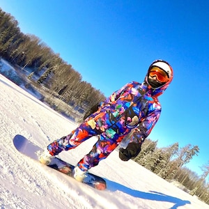 Colorful Purple Print Winter Ski Onesie, Jumpsuit, Snowboard Clothes, Snowboard suit, Skiing Overall, Ski Suit Women