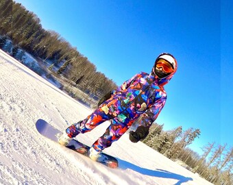 Paarse skijumpsuit met print: wintersnowboardpak voor dames