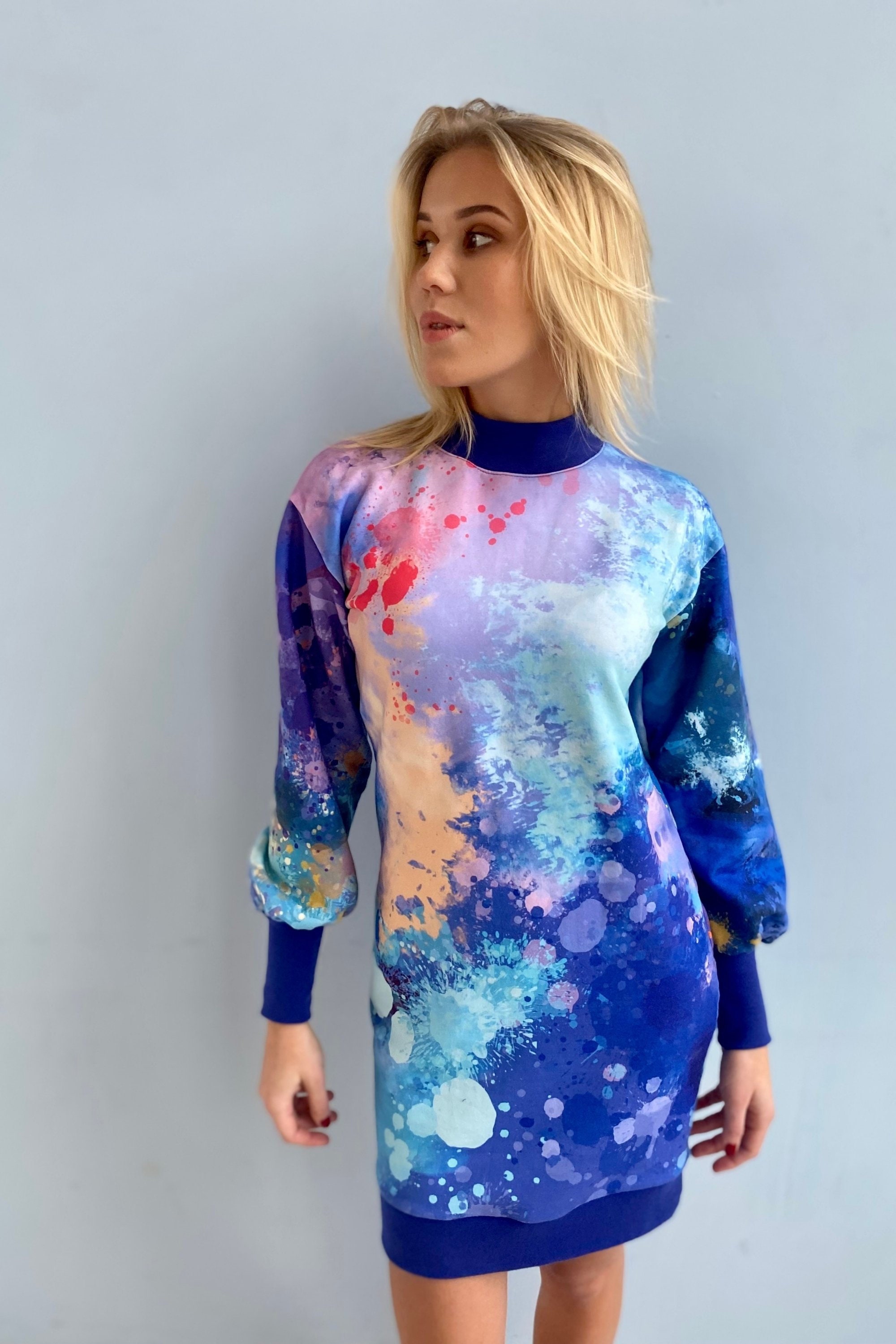 Abstract Print Long Sleeve Dress: Loose Fit Tunic, Plus Size