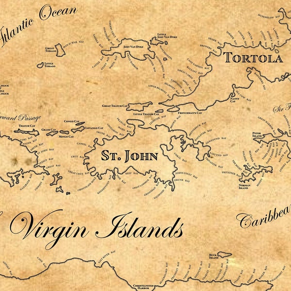 US Virgin Islands + British VI Vintage Map Vector Laser Engrave