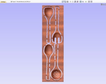 May include: A wooden board with cutouts for four kitchen utensils: a large spoon, a smaller spoon, a slotted spoon, and a fork. The board is a light brown color and the cutouts are a darker brown.